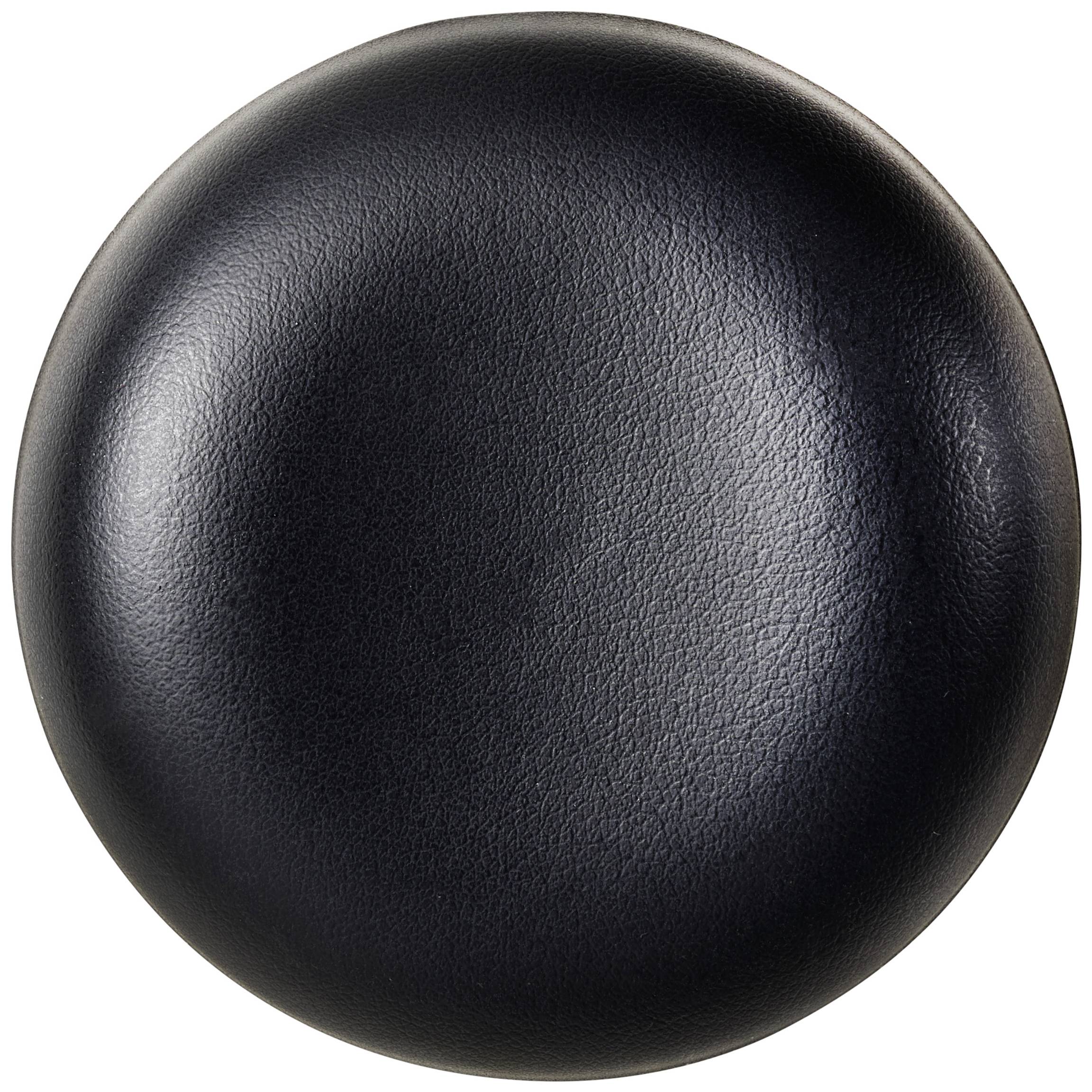 Round, black leather stool, viewed from above. Smooth texture without visible seams or embellishments.