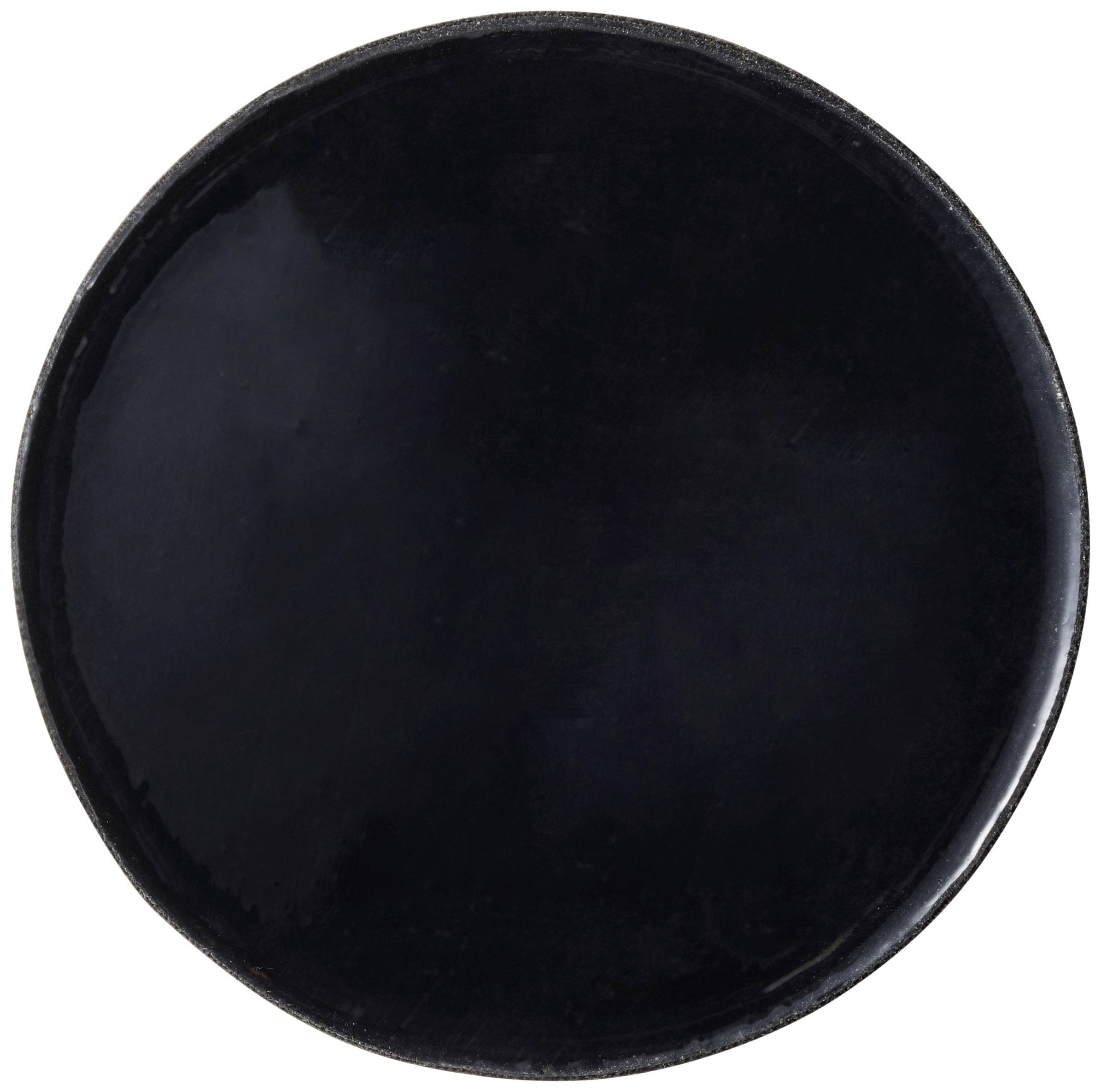 A round, black plate with no decoration or text.