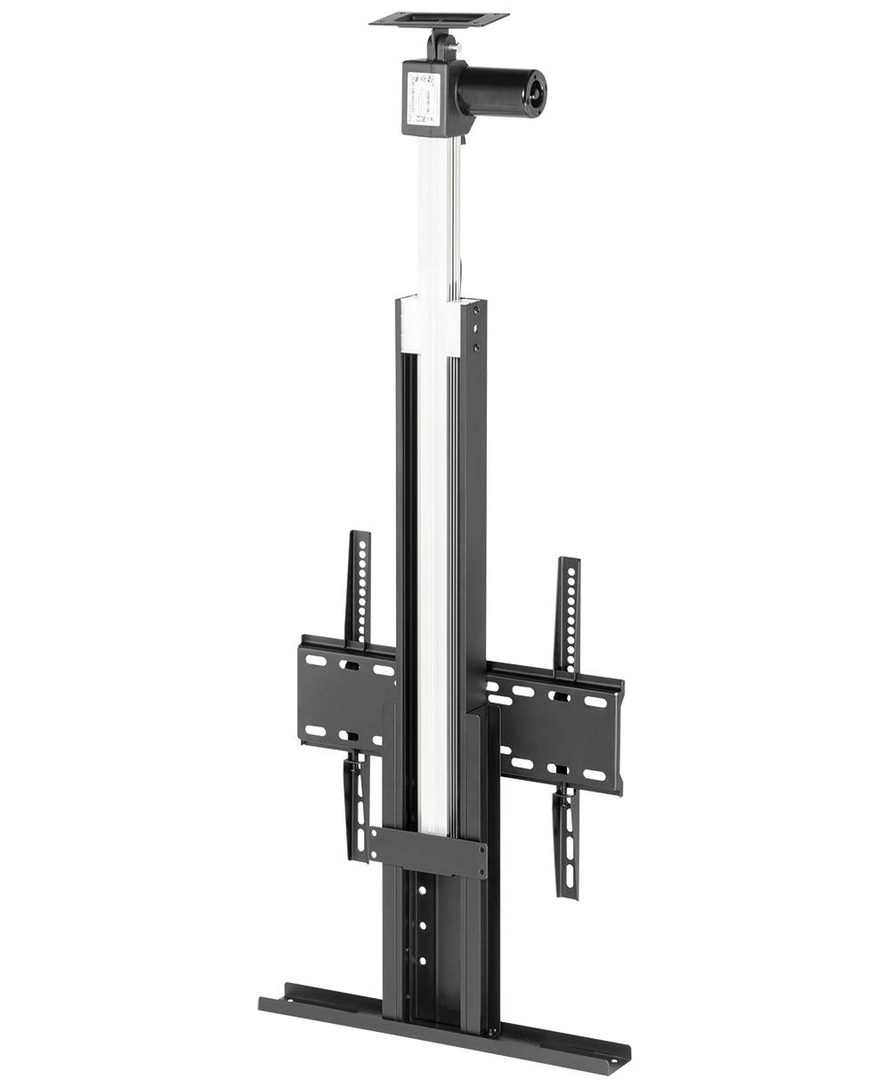Metal ceiling-mounted TV bracket with height adjustment in black, suitable for various screen sizes, including mounting plate.
