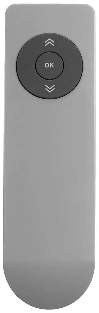 A grey remote control with directional buttons and a central 'OK' button.