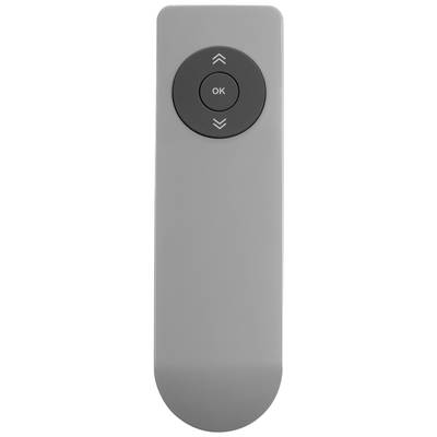 A grey remote control with directional buttons and a central 'OK' button.