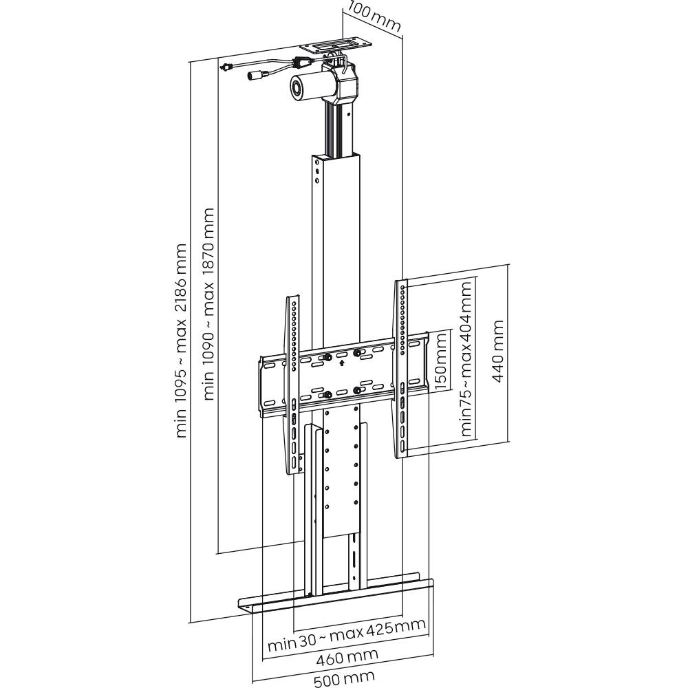 Black and white technical drawing of an adjustable mounting system. Dimensions in millimetres are indicated for various components.
