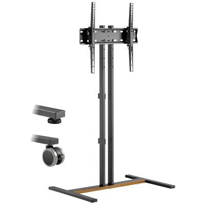 A black TV stand with vertically adjustable mounting brackets and sturdy wheels for easy movement. Suitable for various TV sizes.