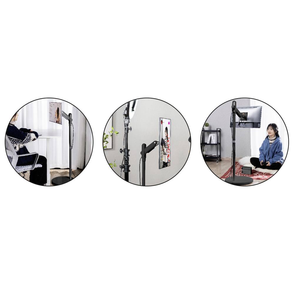 'Three separate pictures show different applications of a tablet holder, including use at a desk, as photography studio equipment, and for yoga or meditation.'