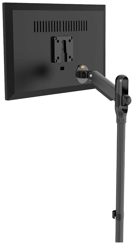 A black monitor mounted on an adjustable wall bracket. Monitor cables are connected. The bracket is vertically aligned.