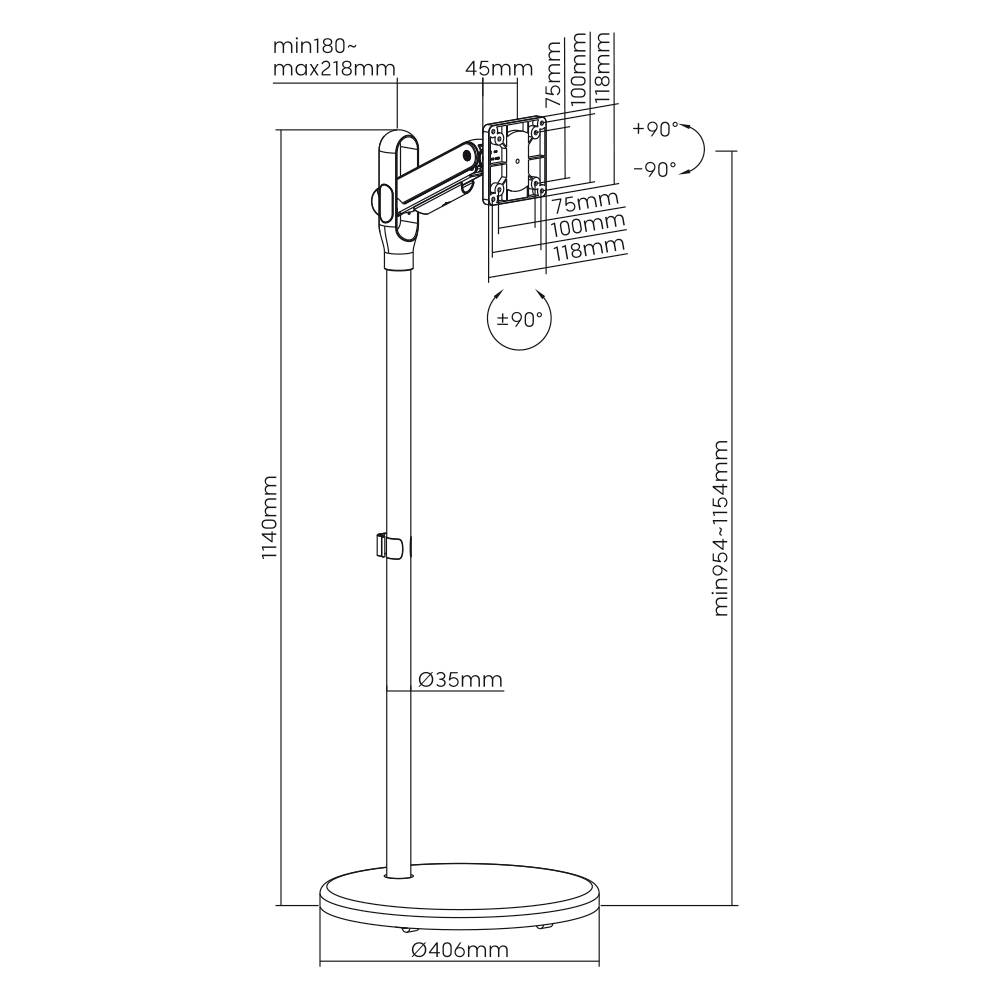A technical drawing of an adjustable stand with dimensions. The stand is height-adjustable and tiltable, with specific measurements.