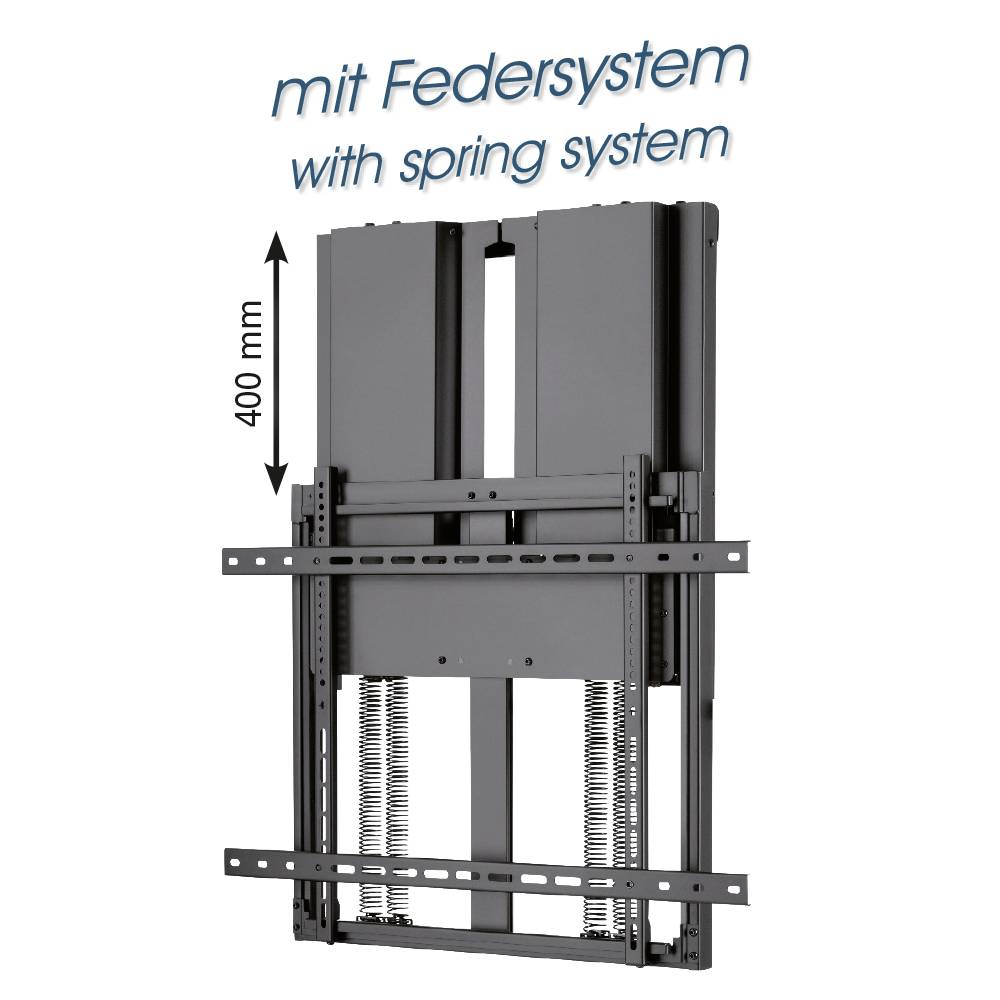'Image of a mounting bracket with a spring system that allows for 400 mm of vertical adjustment.'