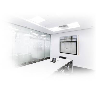 A modern conference room with a large table, multiple chairs, telephone and whiteboard. Glass walls partially divide the space.