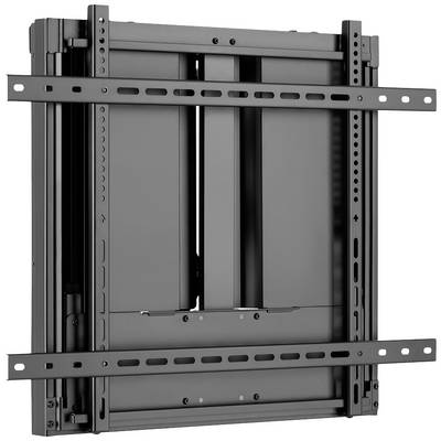 Wall-mounted black TV bracket system with adjustable rails and mounting holes for securing screens.