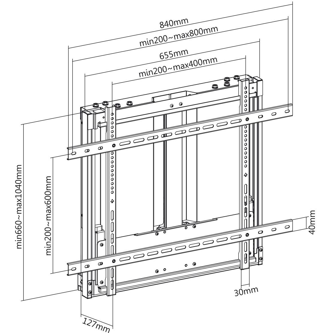 Technical drawing of a frame structure with dimensions. Width: 840 mm, Height: 660-1040 mm, adjustable depths. Adaptable widths and heights are marked.
