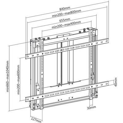 Technical drawing of a frame structure with dimensions. Width: 840 mm, Height: 660-1040 mm, adjustable depths. Adaptable widths and heights are marked.