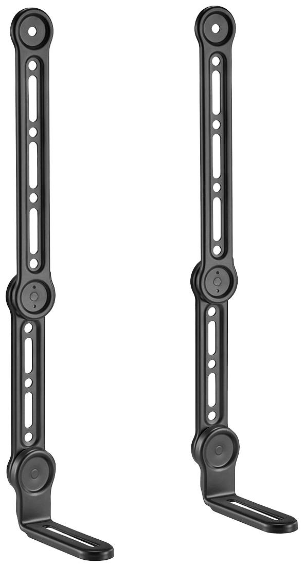 Two black metal wall mounting brackets, perfect for securing items. Slim, elongated shape with multiple holes.