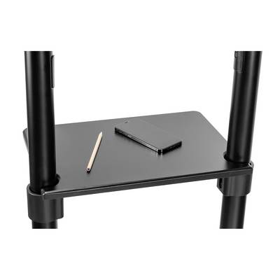 A pen and a black smartphone are resting on a small black table supported by two black columns.