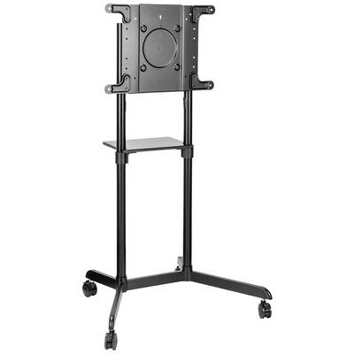 Black mobile TV stand with wheels, height-adjustable, provides space for a screen, ideal for presentations.