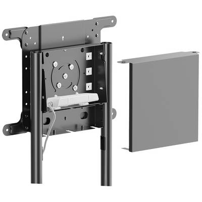 'Mounting plate with brackets and cables for monitor on stand feet, next to a rectangular cover.'