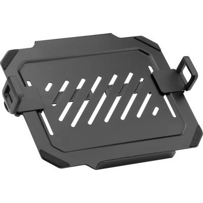 Black laptop stand with ventilated design and non-slip corners for stabilisation.