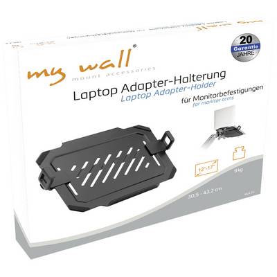 'Laptop Adapter Bracket' by 'my wall', suitable for 12"-17" laptops. Supports up to 9 kg. Compatible with monitor arms. 20-year warranty.