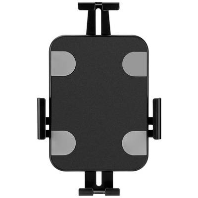 A black smartphone mount for car attachment, showing adjustable brackets on the sides, suitable for various phone sizes.