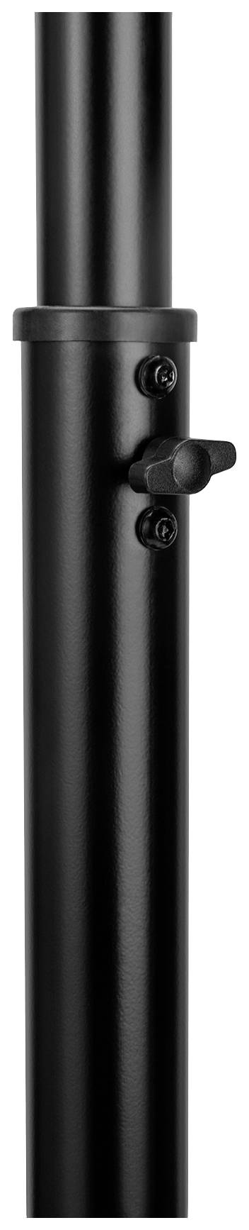 Black, cylindrical metal rod with two screws on the side.