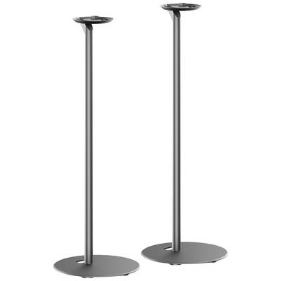 Two sleek black speaker stands with rounded bases, suitable for modern living spaces to elevate and stabilise speakers.