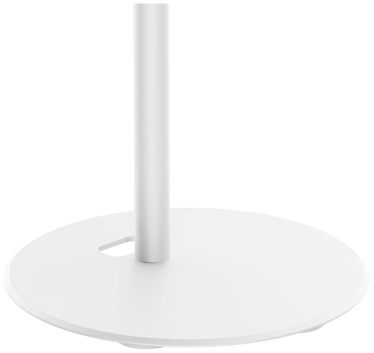 A silver pole stands on a round, white base with a cut-out.