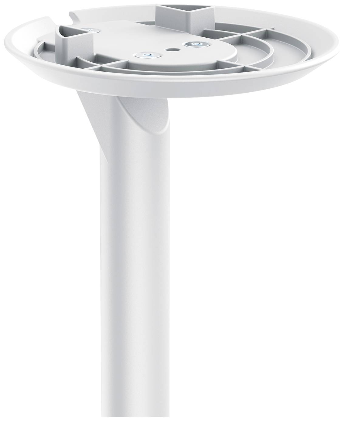 A white, cylindrical plastic tube terminates in a round, flat mounting bracket with three visible screws on the top surface.