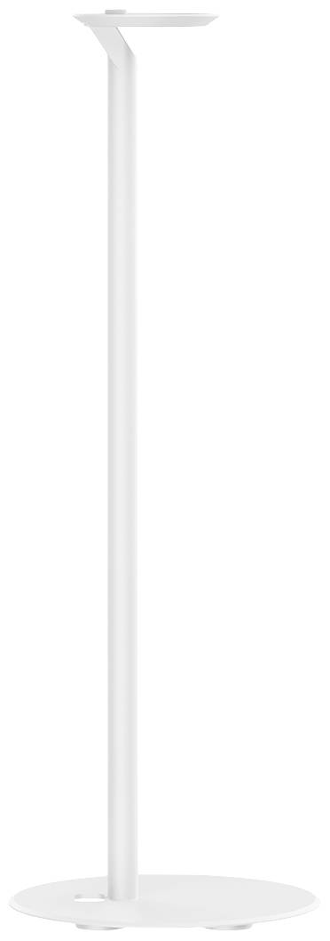 A white standard lamp with a slender, modern design, circular base and narrow lampshade. Ideal for minimalist interiors.