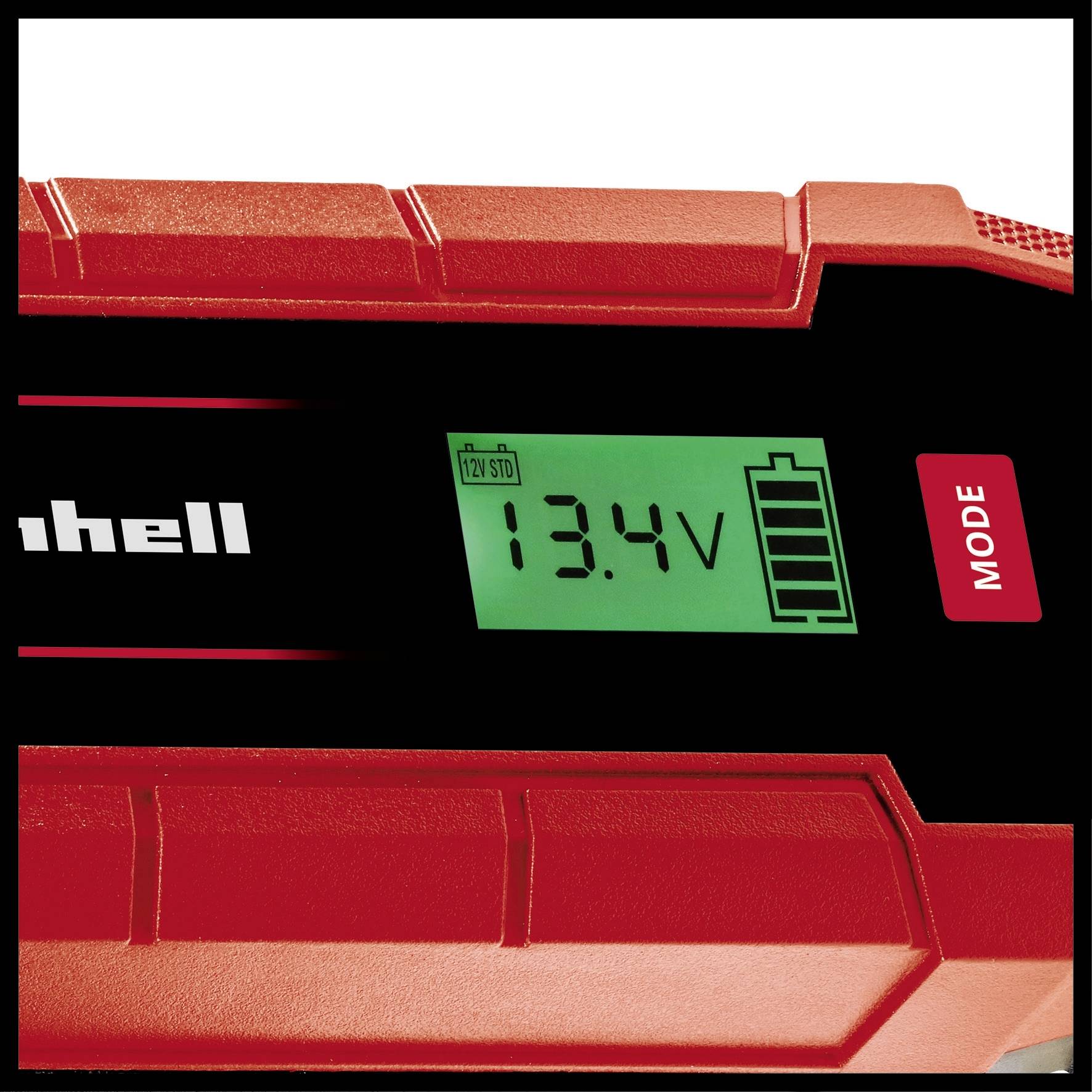 A digital measuring device indicates a voltage of 13.4 volts and a fully charged battery level.