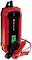 Red Einhell battery charger with a black display and green indicator. Two clamps are connected with cables.