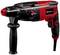 An electric drill in black and red with a side handle and speed control, suitable for DIY projects.