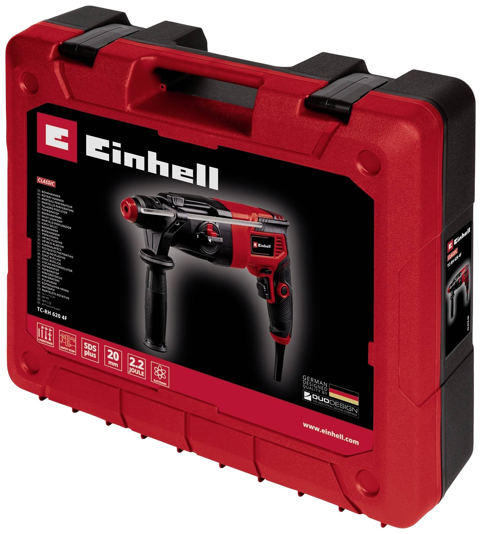 The red toolbox displays an illustration of an Einhell drill hammer with technical specifications and a product design award.
