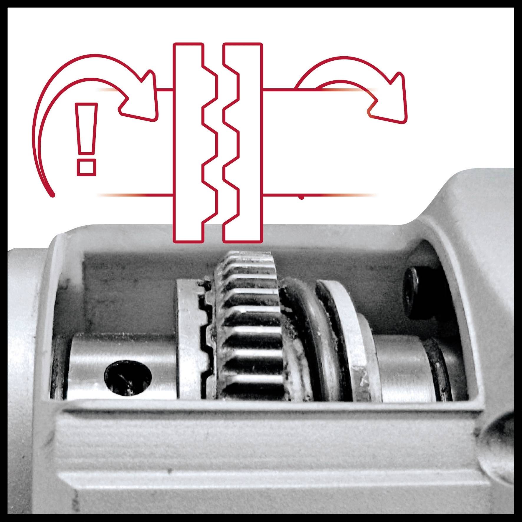 Gear transmission with cogwheels, the diagram shows the direction of rotation and the fail-safe mechanism with an exclamation mark.
