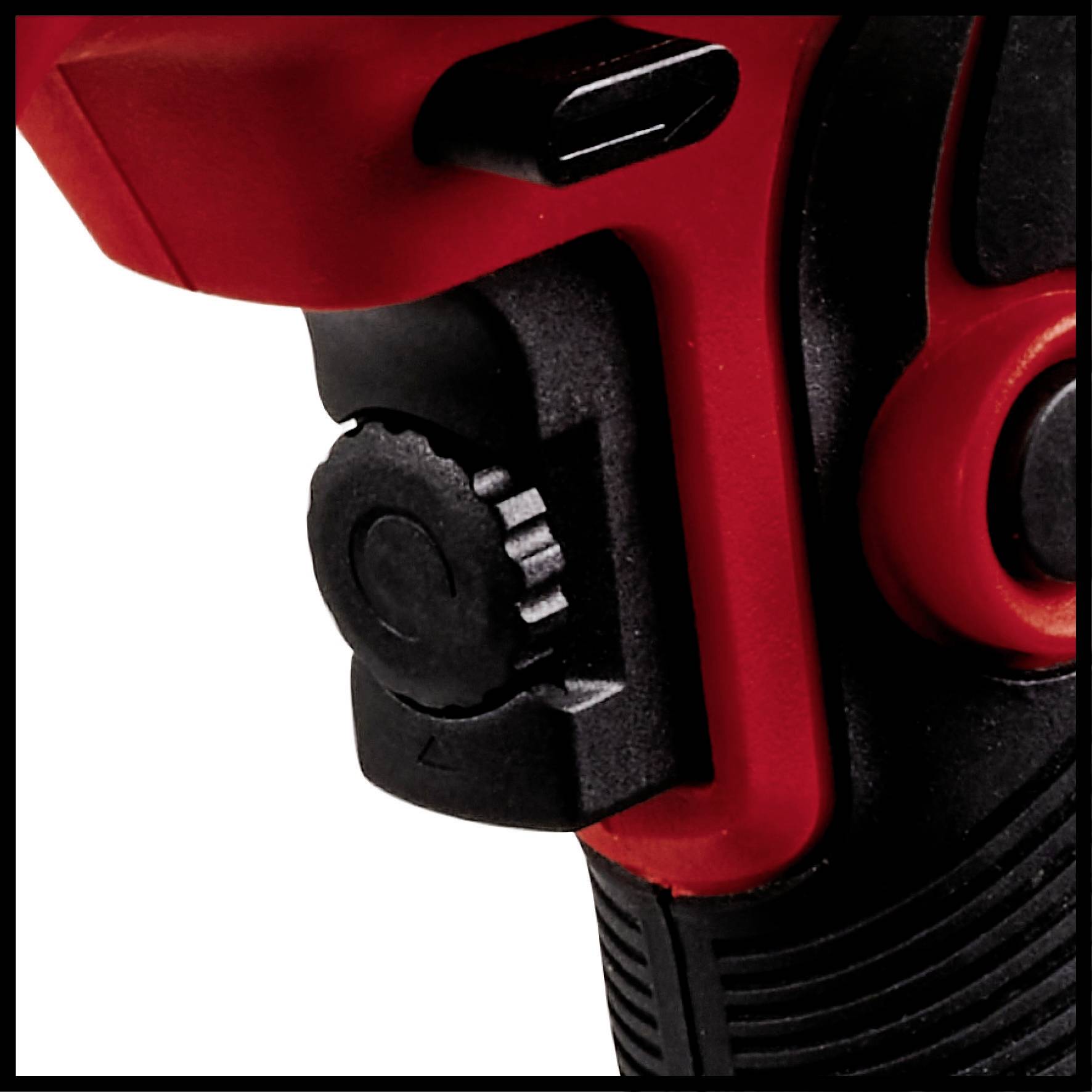 Close-up of a red, electrically powered device with a black adjustment knob; possibly an electric tool.
