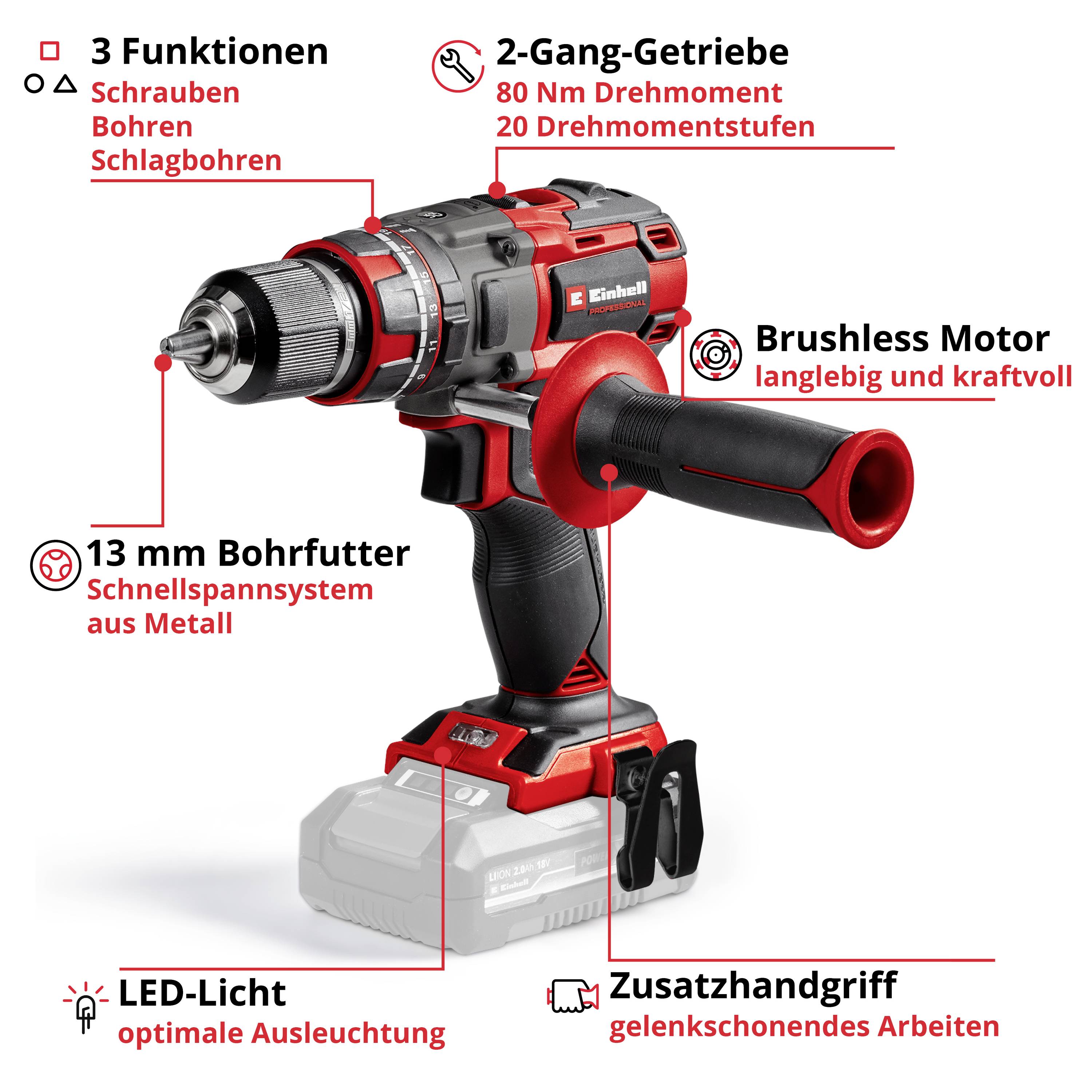 Cordless drill with 3 functions: Screwing, Drilling, Hammer Drilling. Two-speed gearbox, 13 mm chuck, LED light, Brushless Motor.