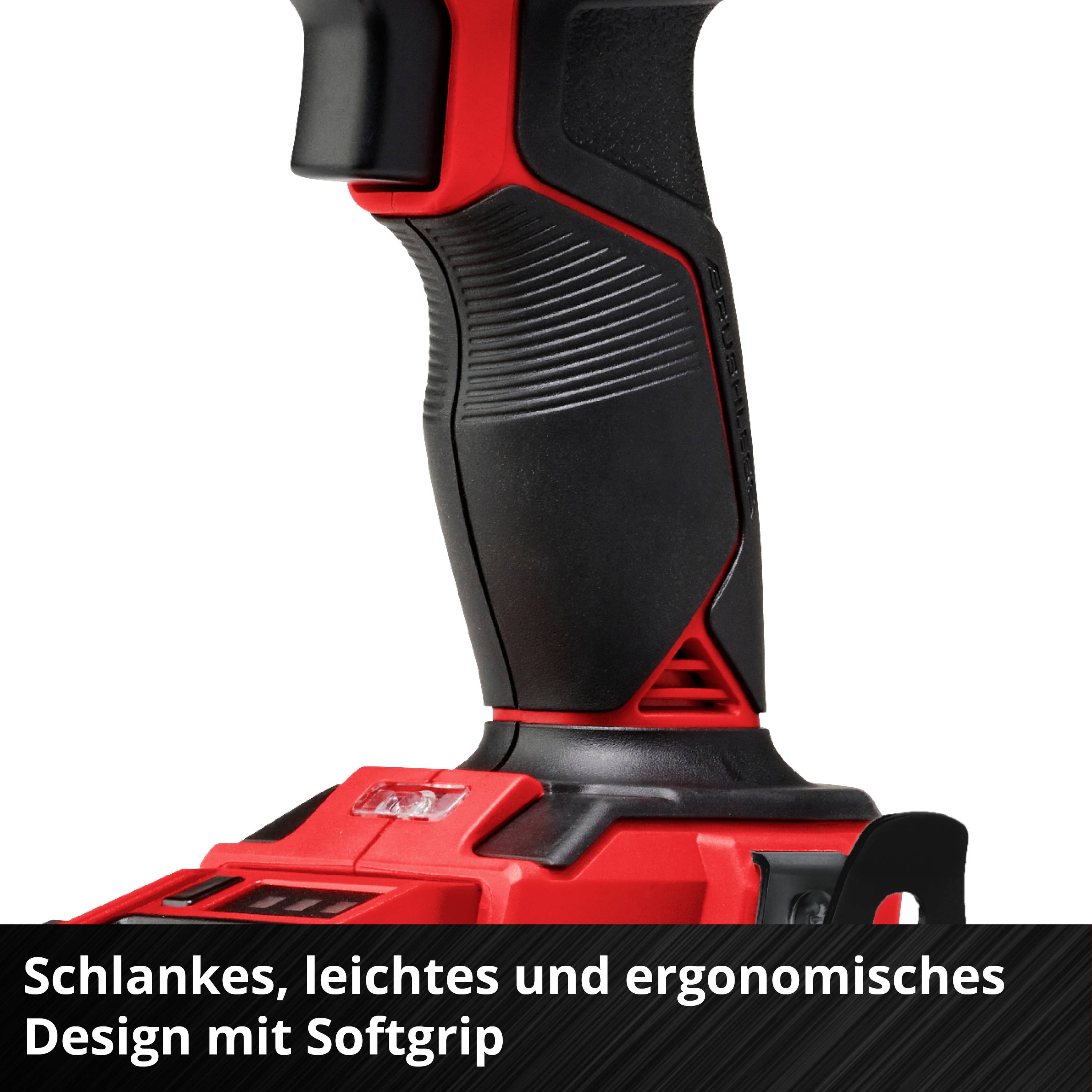 'Cordless drill with a slender, ergonomic design and soft grip for comfortable handling.'