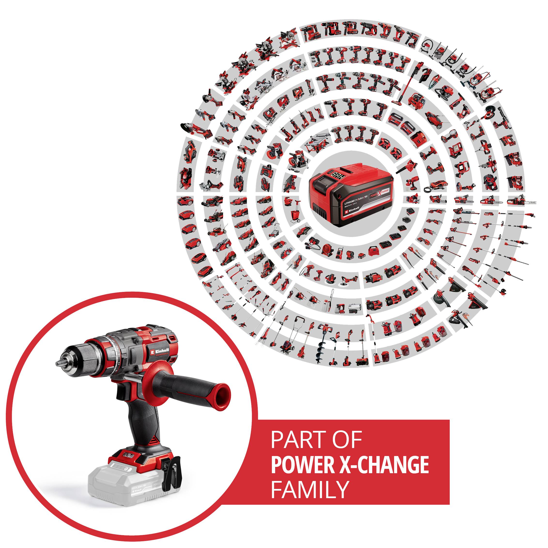 A red 'Power X-Change' cordless drill with a battery in close-up. In the background, a circular arrangement of various tools from the same series.
