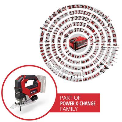 'Power X-Change Family': Image of red and black power tools arranged in a circular pattern around a larger tool and packaging.