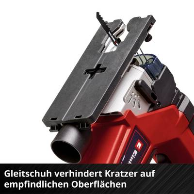 A red saw with a black glide shoe attachment. The text on the underside reads: 'Glide shoe prevents scratches on sensitive surfaces'.