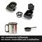 'Includes dust-proof coffee mug with lid, measuring spoon and 1x coffee filter' shows a set comprising a coffee mug, measuring spoon and filter.