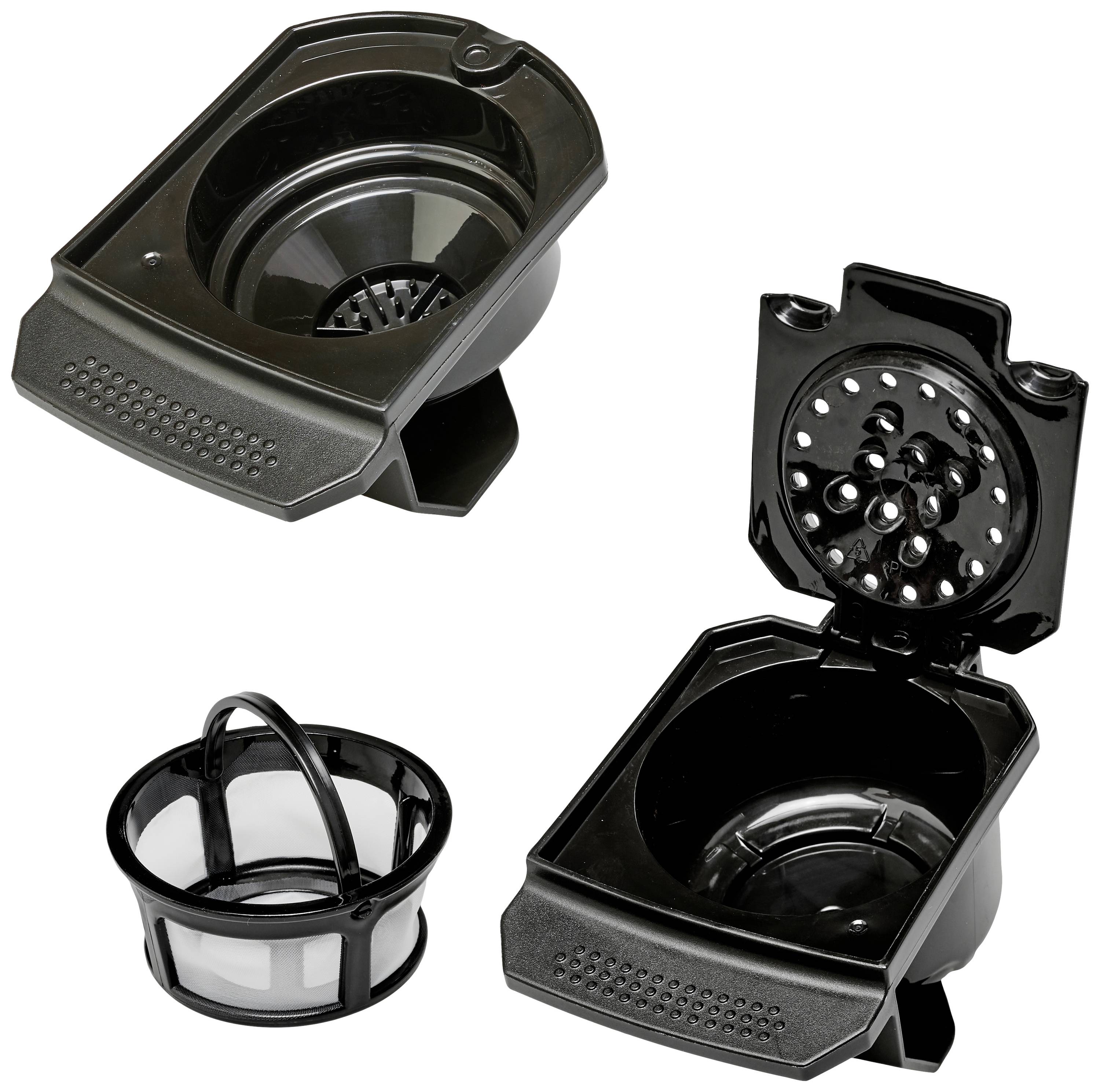 A black coffee filter and filter holder. The filter is made of plastic with a fine-mesh screen.