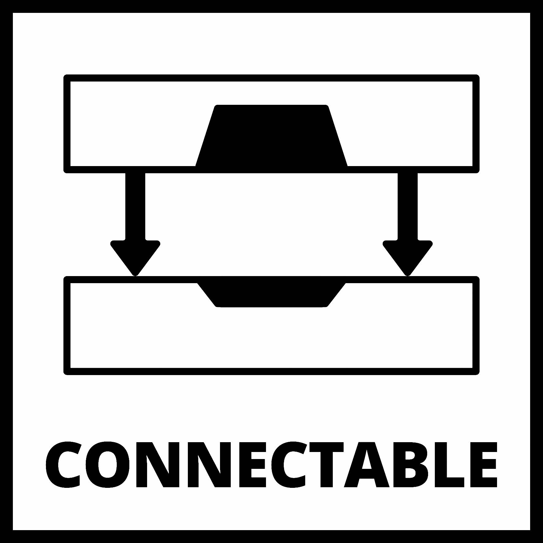 Two rectangular shapes with arrows pointing inwards. Below it is the word 'CONNECTABLE'. Symbol for connection capability.