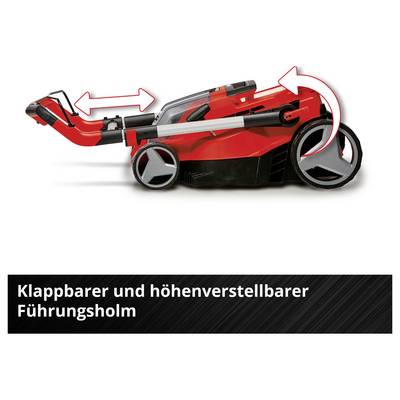 A folded red and black lawn mower with adjustable handle, showcasing its compact storage. German text reads: 'Klappbarer und höhenverstellbarer Führungsholm'.