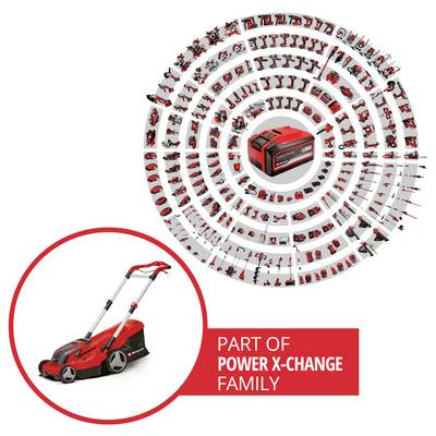 A circular layout of various power tools centered around a Power X-Change battery. Inset: a red lawn mower. Text: 'Part of Power X-Change Family'.