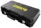 Black tool case with a yellow 'DEWALT' logo on the lid, closed with two silver latches and a carry handle.