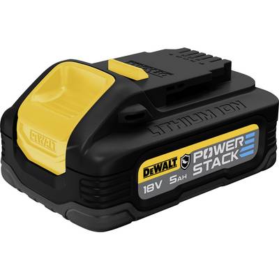 An 18V 5Ah DeWalt Lithium-Ion Battery from the Powerstack Series, black and yellow, with a compact and robust design for electric power tools.