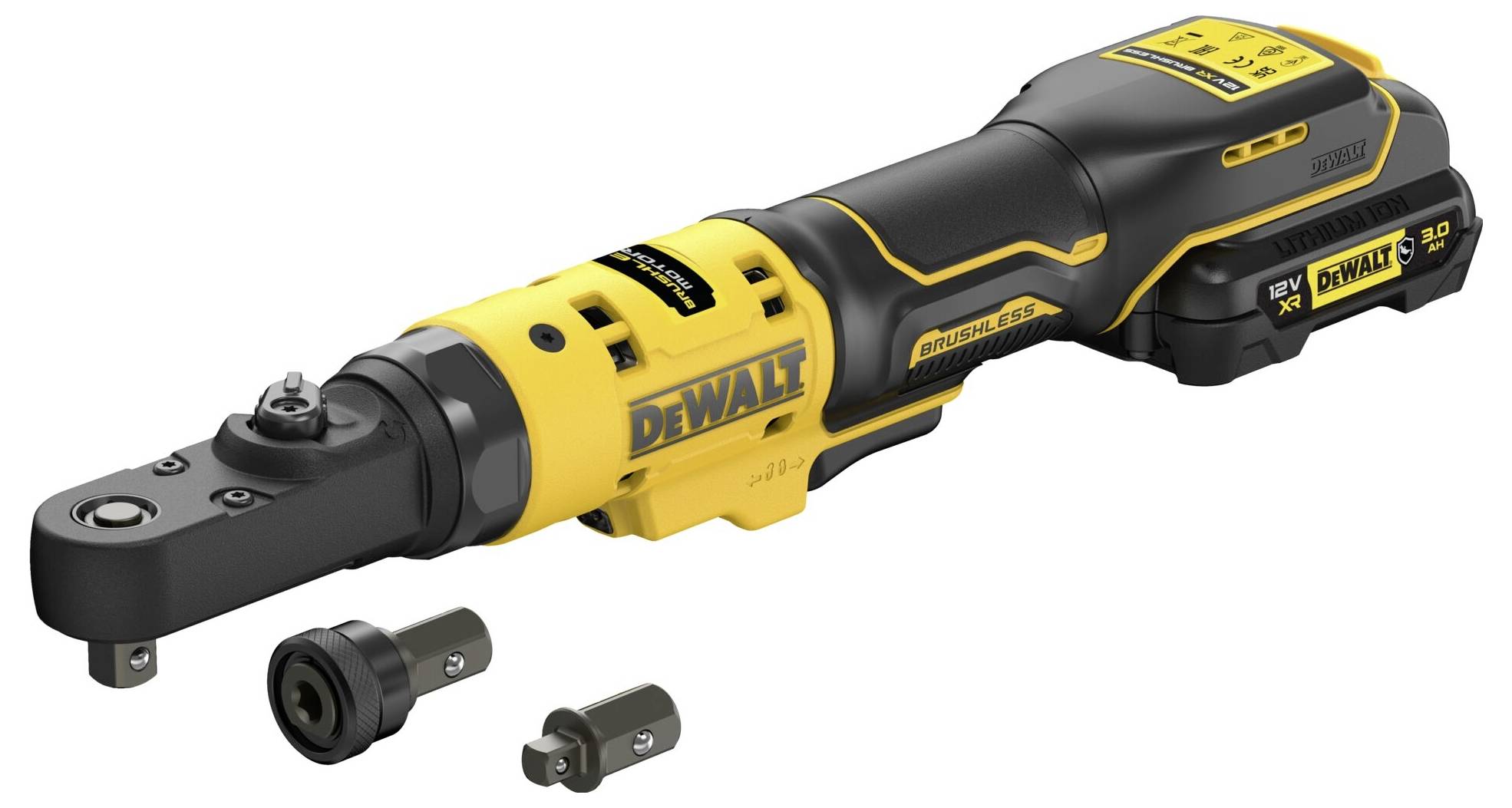 Electric impact driver by DeWalt in yellow and black, lying horizontally. Two interchangeable socket attachments beside it.