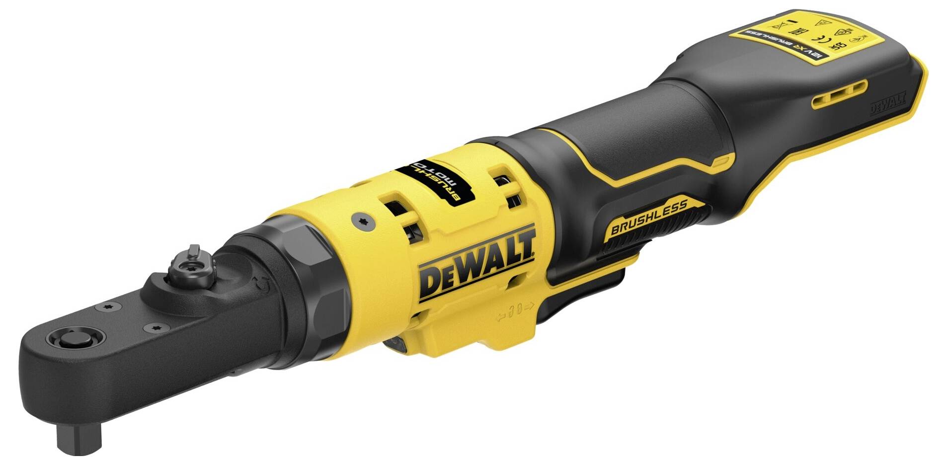 A yellow and black electric ratchet screwdriver, compactly designed with a battery. Suitable for DIY and trade work.