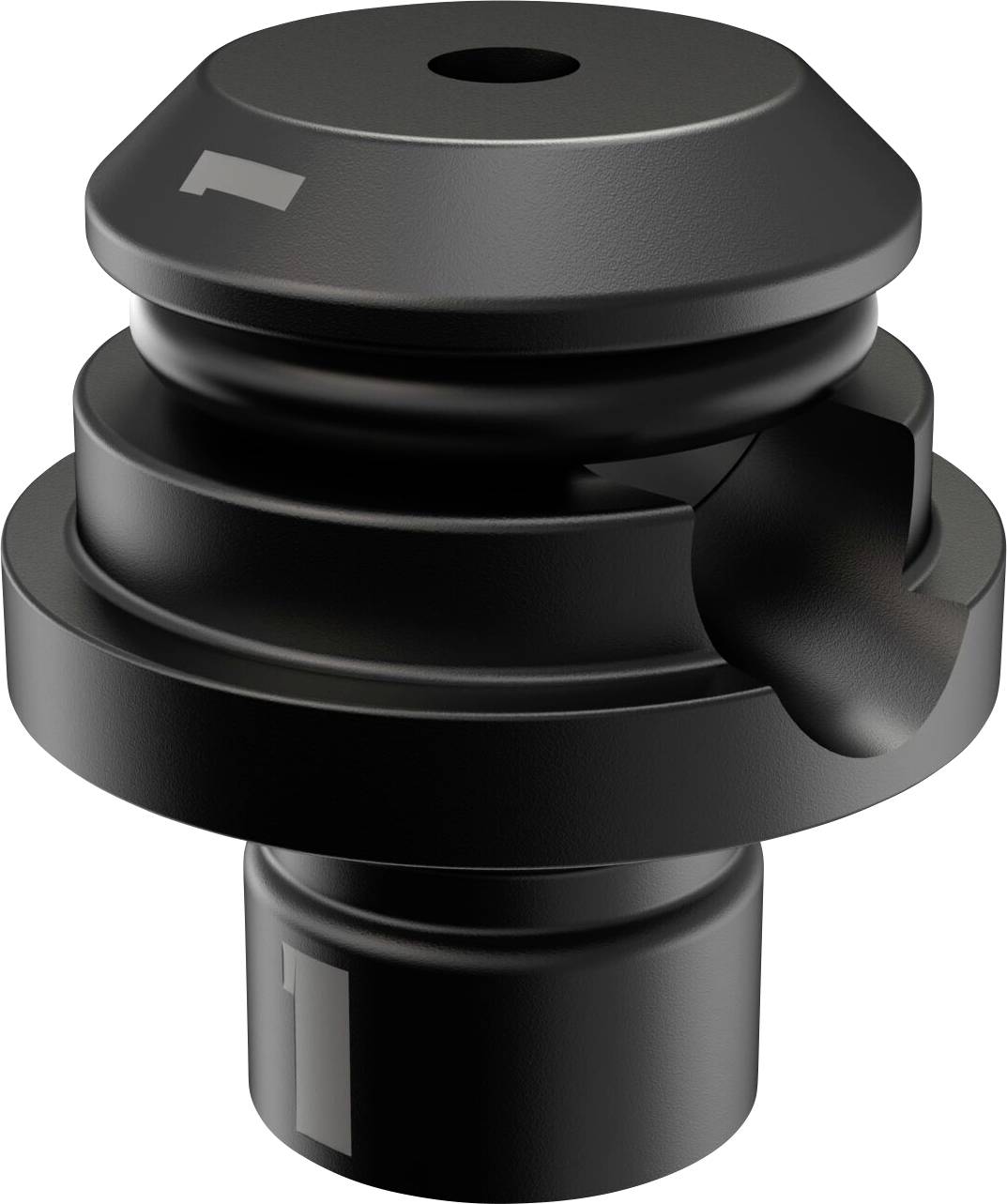 A black, metallic component with a cylindrical shape and a slotted opening, likely a machine element or tool attachment.