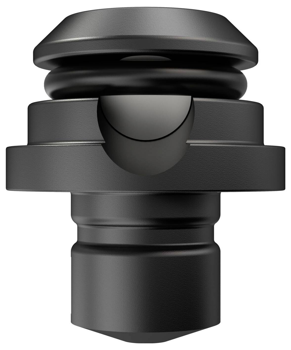 A black metal part with multiple rings and grooves, appearing mechanical and potentially part of a larger device or system.