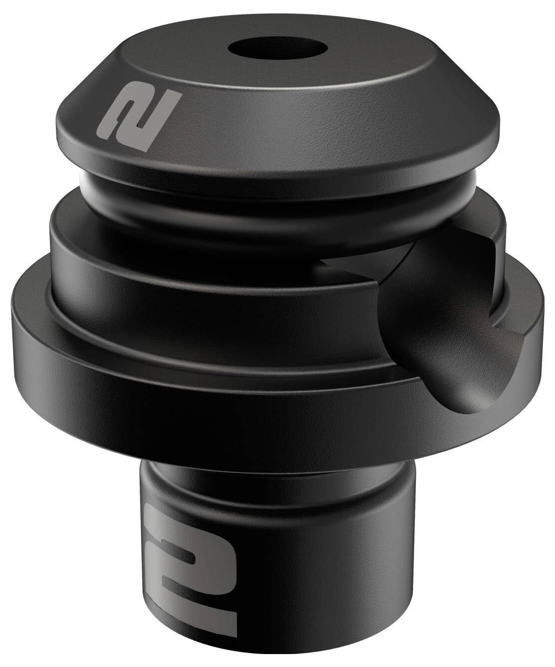 Black, metallic rotary and pressure valve with engraved '2', used for liquid containers or machine components.
